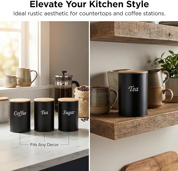 QWORK Metal Kitchen Canisters with Bamboo Lids, 3 Pack Airtight Food Storage Jars for Coffee Sugar Tea Flour Black Rustic Farmhouse Counter Decor, 3.74" x5.6"