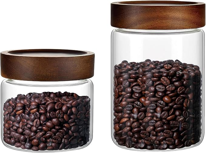 Set of 2 Glass Food Storage Jars, Premium Clear Glass Container Jar with Airtight Wooden Screw-on Lid, Kitchen Canisters for Coffee,Tea,Pasta,Cookies, Nuts,Spice,Candy,Overnight Oatmeal