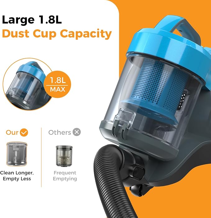 NEWBULIG Canister Vacuum Cleaners for Home, Strong Suction Bagless Vacuum Cleaner, 850W 16Kpa for Hard Floor and Carpet, Retractable Cord,1.8L Large Dust Cup