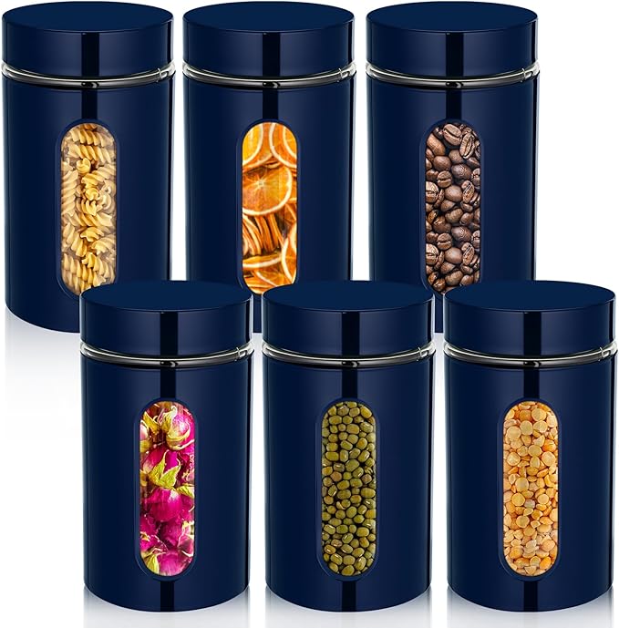 Mimorou 6 Pack Kitchen Canisters Set Airtight Coffee Sugar Tea Storage Jars with Window Glass Stainless Steel Containers with Lids for Flour Cookies Spices Grains Kitchen Decorations (Navy Blue,32 oz)