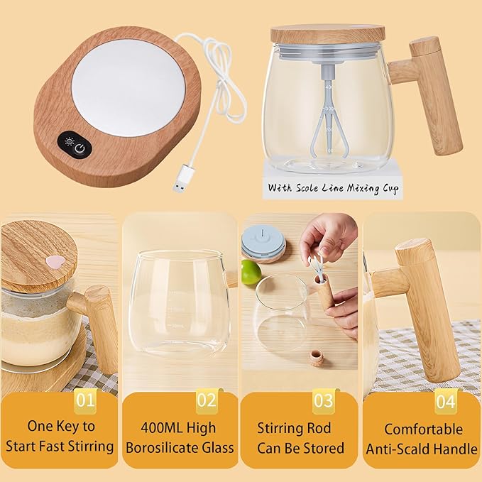 Self Stirring Mug, 400ML Self Stirring Coffee Mug Electric Mixing Mug High Borosilicate Glass Mixing Coffee Mug With 55° Constant Temperature Coaster Suitable for Coffee/Milk/Protein Powder