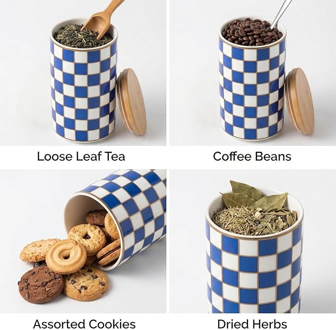 1 Piece Ceramic Coffee Canister, Airtight Coffee Container with Lid for Kitchen Storage (15.8x9cm, Blue Checkered)