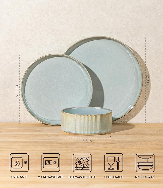 TheTerra Ceramic Dinnerware Sets for 8, 24 Pieces Porcelain Lightweight Plates and Bowls Sets, Scratch Resistant Dish Set, Oven & Microwave & Dishwasher Safe, Illusion Blue