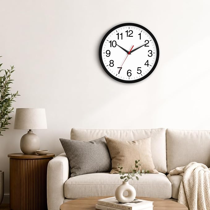 Rohioue Wall Clock Analog 10 Inch Black Battery Operated Silent Clock | Easy To Read, Non Ticking, Round, Accurate, Kitchen, Living Room, Classroom, Office, School