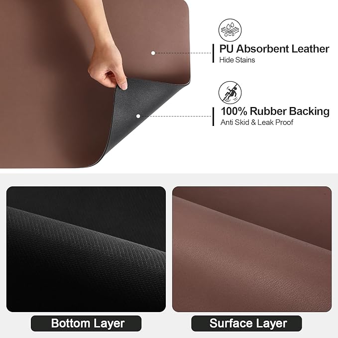Ecotrim Absorbent Coffee Mat , Stain Hiding PU Leather Surface, Non-Slip Natural Rubber Backing, Quick Dry Mat for Espresso Machine, Kitchen Counter ,Brown | 17" x 31.5"