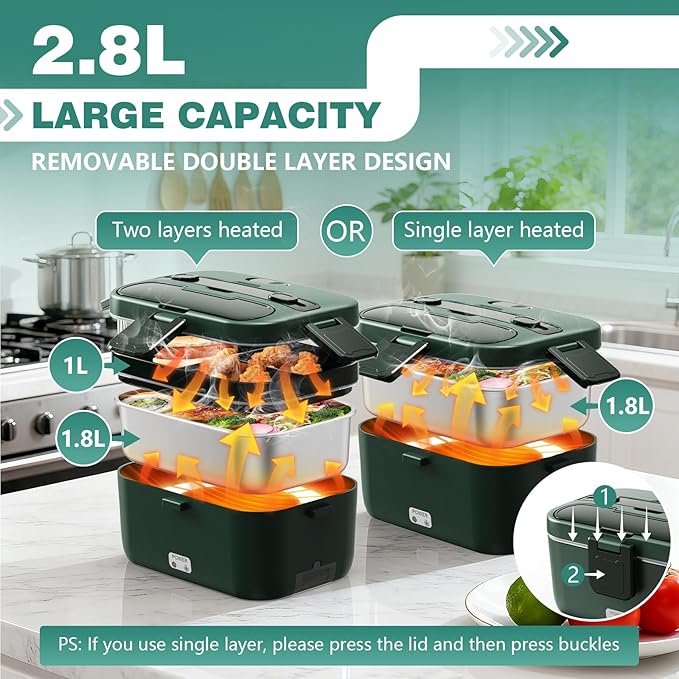 Electric Lunch Box for Adults, 2.8L Double Layer 100W Fast Heated Lunch Box, Heating Food Heater Warmer for Home Office Car Truck Use, Extra Large Lonchera Electrica Portátil 12/24V/110-230V, Green