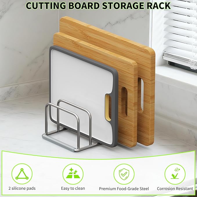 Cutting Board Organizer, 304 Stainless Steel Chopping Board Holder & Pot Pan Lid Rack, Kitchen Shelf Organizer for Bakeware, Cookie Sheets & Trays