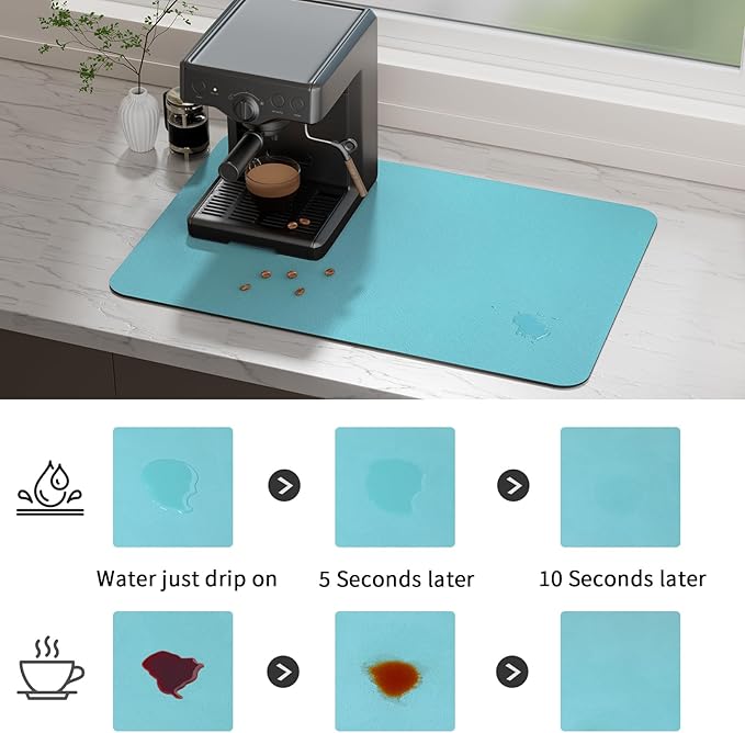 Ecotrim Absorbent Coffee Mat , Stain Hiding PU Leather Surface, Non-Slip Natural Rubber Backing, Quick Dry Mat for Espresso Machine, Kitchen Counter ,Turquoise | 16" x 24"