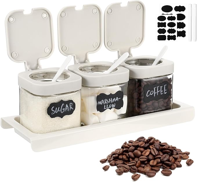 Suclain 3 Pcs Glass Coffee Containers Coffee Station Organizer Set, Airtight Bean Storage Jars with Shelf,labels,spoon, Base and Pen,for Sugar, Candy, Oats, Nuts(White)