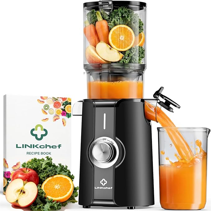 LINKChef Cold Press Juicer Machines, 4.53" Diameter juicers Whole Fruit and Vegetable, 200W Masticating Slow Juicer with Automatic Cutting, BPA-Free, Easy Cleanup & Assembly, Lightweight, Black
