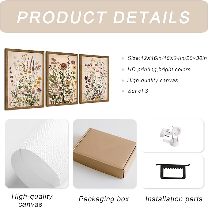 WRFON Botanical and Flower Canvas Wall Art, Framed Wildflower Wall Art Set of 3, Vintage Meadow Flower Canvas Prints, Cottagecore Floral Decor for Living Room Bedroom Bathroom Farmhouse Home, 20x30