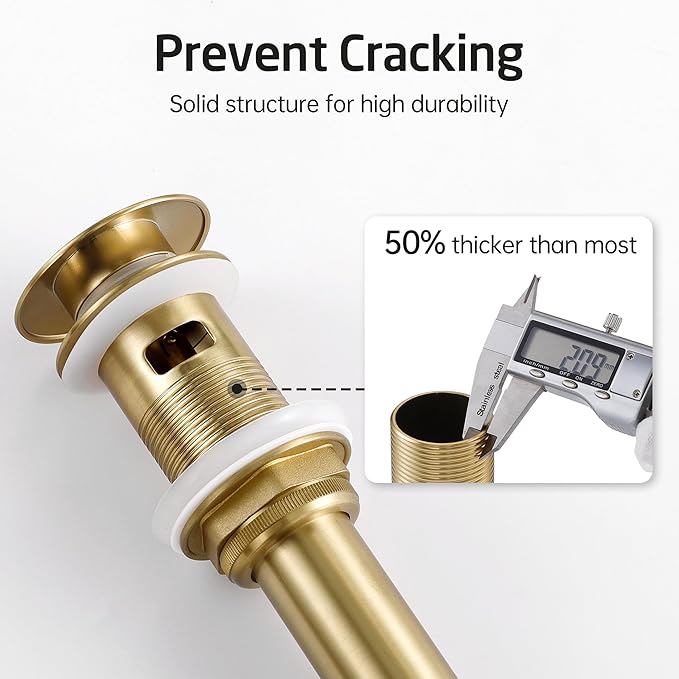 KES Vessel Sink Drain Pop Up Drain with Overflow Bathroom Stopper Assembly Brushed Gold for 1.6"-1.9" Sink Hole, All Metal Rustproof Brass and 304 Stainless Steel, S2008A-BZ