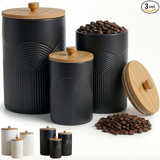Ceramic Kitchen Canisters for Countertop Set of 3 with Airtight Bamboo Lids - Black Kitchen Canisters with Airtight Lids - Flour Sugar Canister Set - Flour and Sugar Containers Farmhouse - Coffee Jar