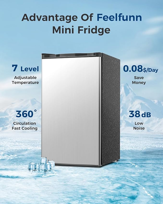 Feelfunn Mini Fridge with Freezer - 3.2 Cu.Ft Single Door Mini Refrigerator with Adjustable Thermostat, Low Noise, Energy Saving, Small Fridge for Bedroom, Apartment, Dorm, Classroom, Office - Silver