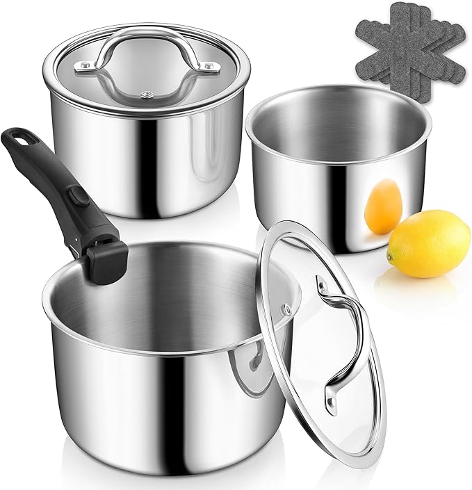 P&P CHEF Tri-Ply Cooking Pots and Sauce Pans, 9Pcs Stainless Steel Cookware Set with Removable Handle, Induction 2Qt Saucepan, 3Qt Small Pot & 4Qt Stock Pot, Oven & RV Safe to 500℉, Dishwasher Safe