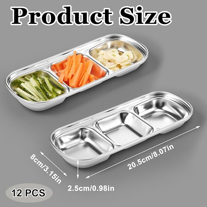 Maxcheck 12 Pcs Soy Sauce Dish Stainless Steel Divided Dip Bowls Korean 3 Compartment Sauce Plate Seasoning Dipping Condiment Tray for BBQ Vinegar Spice Salt Sugar Flavor Home Restaurant (Silver)
