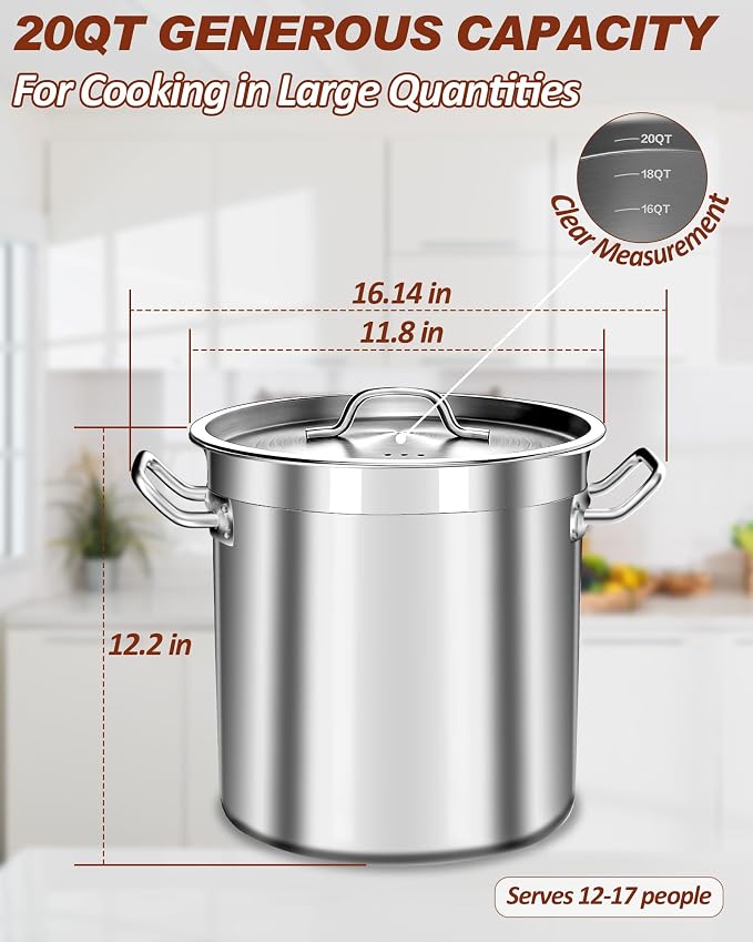 Stock Pot 20 Quart - Stainless Steel Stock Pot with Lid – Heavy-Duty Cooking Pot for Soup, Stew, Pasta – Commercial & Home Use, Induction Compatible - 5 Gallon