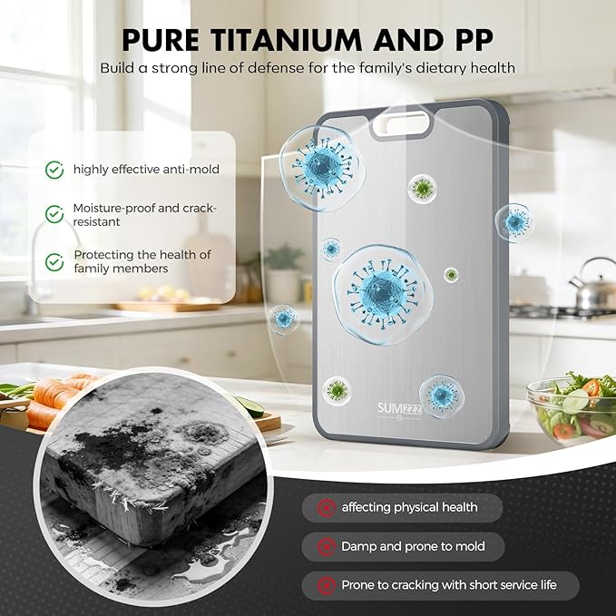 Sumzzz Titanium Cutting Board for Kitchen, Cutting Board Double Sided Food Grade, Pure Titanium/PP, Easy to Clean Large Size 16”×10”