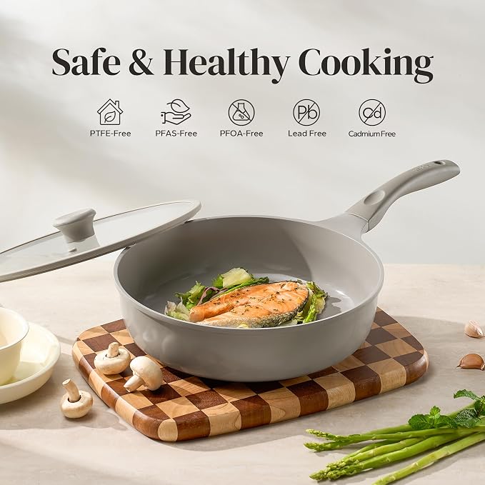 Redchef Deep Ceramic Frying Pan with Lid, Nonstick Saute Pan Cookware All Cooktop Compatibility, Stay-Cool Handles, PFOA Free, Healthy Coating, Tempered Glass Cover, Even Heat, Grey
