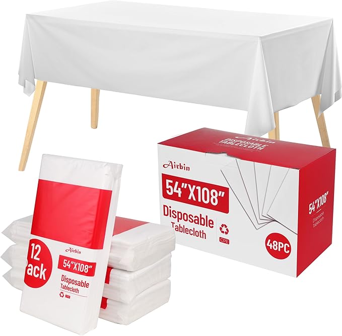 Plastic Table Cloth Disposable, 48 Pack White Plastic Tablecloth 54 x 108 Inch Disposable Tablecloths for Rectangle Tables PEVA Sturdy Leakproof Party Table Cover for Picnics, Birthdays, Weddings