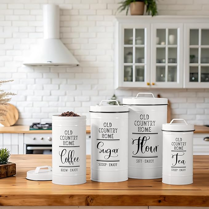 Bivvclaz Canisters Sets for the Kitchen, Airtight Kitchen Canisters for Countertop, Flour and Sugar Containers, Tea Coffee Sugar Canister Set, Coffee Bar Decor and Accessories, Set of 4, White