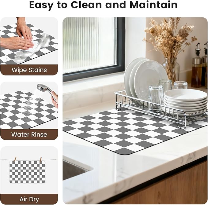 12" x 20" Checkered Dish Drying Mat for Kitchen Counter, Absorbent Coffee Bar Mat for Espresso Machine Coffee Countertops Accessories, Grey
