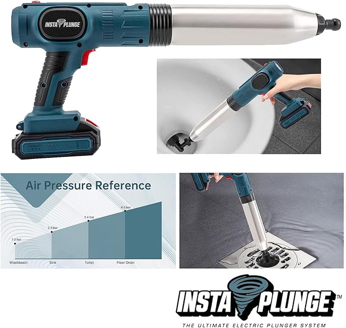 InstaPlunge Pro Electric Plunger System - Unclog and Clear Toilet and Drain Blockage with a Push of a Button, Works in Seconds to Clear Toilets, Shower Drains, Bathroom/Kitchen Sink (Blue/Grey)