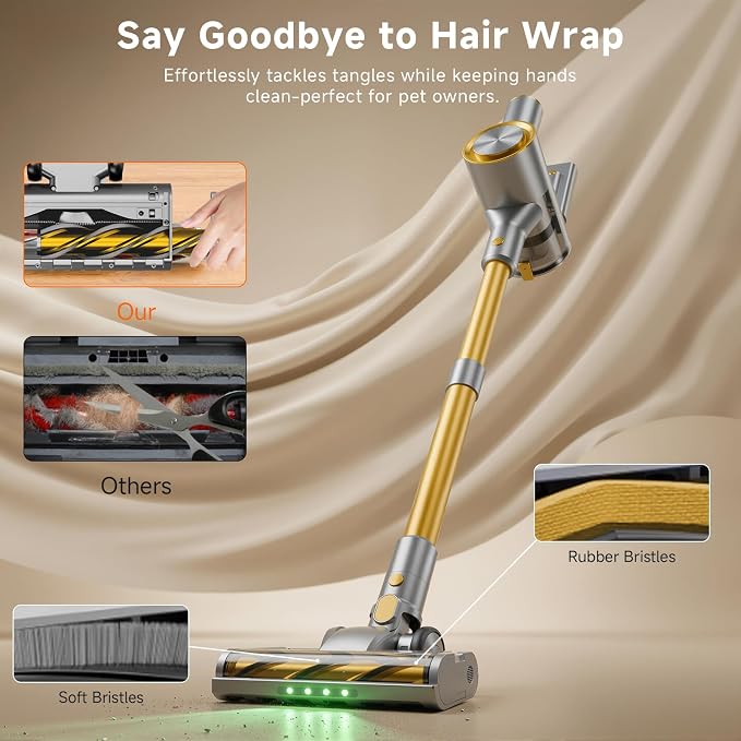 Cordless Stick Vacuum Cleaner - 40KPA Powerful Suction Vacuum with 45 Min Runtime, Detachable Battery, Anti-Tangle & 1.5L Dust Cup, 8 in 1 Vacuum Cleaner for Pet Hair, Carpet, HardFloor, Yellow