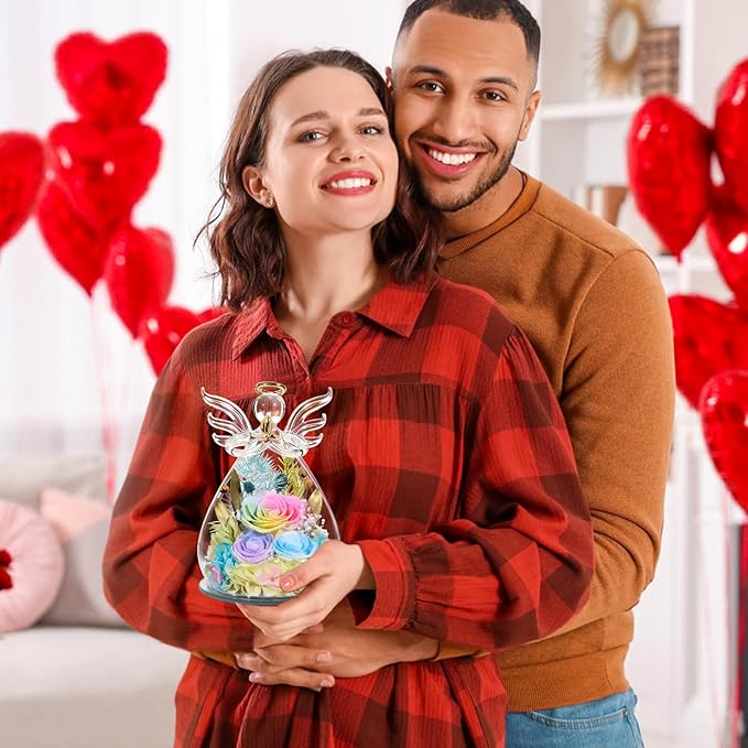 FIACO Gifts for Women Birthday Preserved Rose Forever Flower in Glass Angel Figurines Fresh Flowers for Delivery Prime for Mom Real Orange Roses for Grandma Sister Wife Her from Daughter