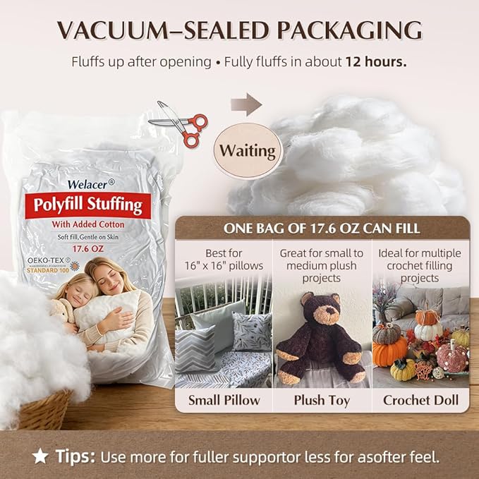 Added Cotton Polyfill Stuffing, 17.6oz/500g Extra Soft Pillow Stuffing, Fluffy Fiber Fill for Cushions, Stuffed Animals, Crochet Toys, Crafts & Cloud Decor
