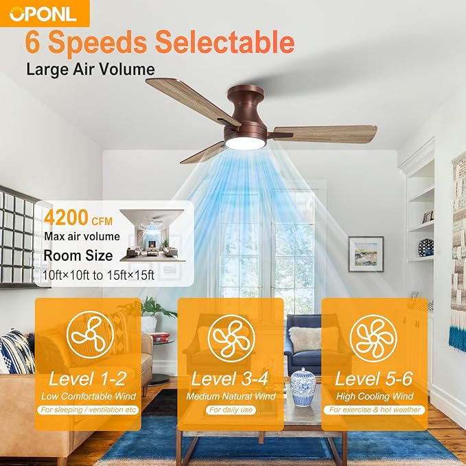 OPONL 42 Inch Brown Ceiling Fan with Light, Remote Control, Noiseless, Reversible, 6CCT, Dimmable, Timeable, Metal Housing, Flush Mount Ceiling Fans with Lights for Bedroom, Indoor/Outdoor Use