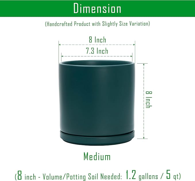 D'vine Dev 8 Inch Ceramic Planter Pot, Teal, 94-O-D-9 | Modern Cylinder Design, Drainage Hole & Saucer Included, Stable Structure, Elegant Home Accent
