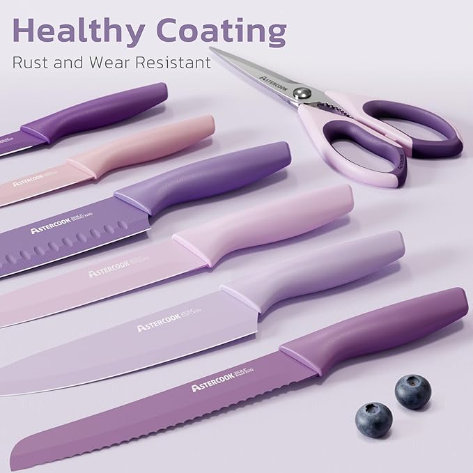 Astercook Knife Set, 13 Pieces Kitchen Knives Set with Healthy Anti-Rust Coating, Dishwasher Safe, Stainless Steel Chef Knife Sets with 6 Blade Guards, Perfect Mothers Day Gifts for Kitchen Purple