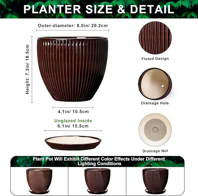 8 Inch Flower Pot, Ceramic Planters with Drainage Hole and Plant Saucer, Round Planters for Indoor Plants, Modern Plant Pot, Decorative Planter, Home Entryway Decor, Women Men Gifts, Brown