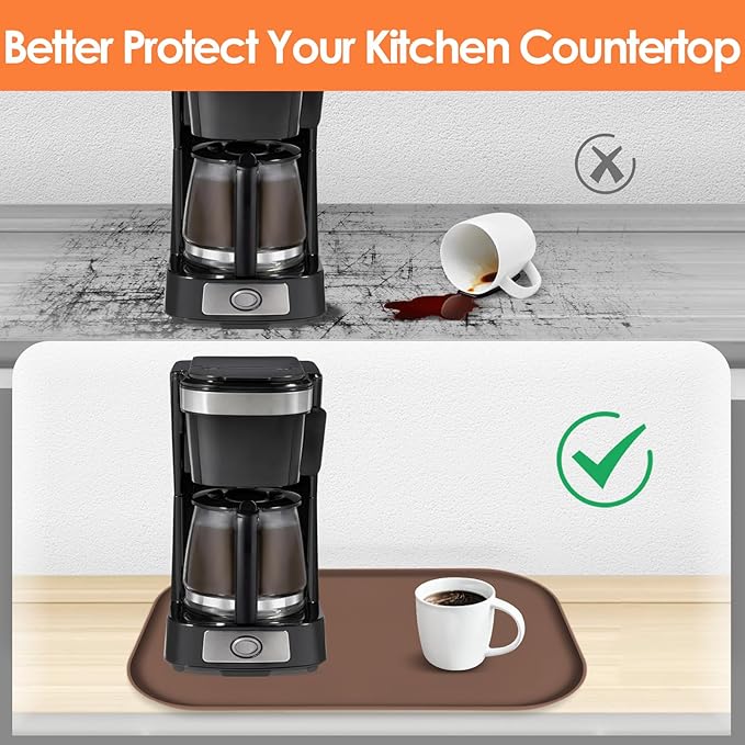 TOHONFOO Silicone Coffee Maker Mat with Lip, 17.4'' x 10.6'' Heavy Duty Coffee Maker Mat for Countertops, Coffee Tray Fit Under Coffee Machine Appliance Automatic Machines Espresso Accessory, Brown