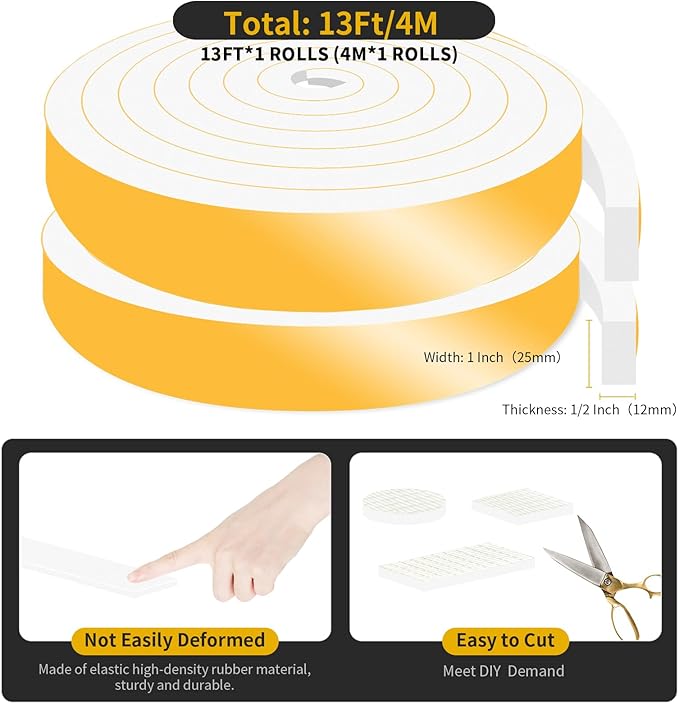 Door Weather Stripping,Weather Stripping,High Density CR Foam for Door,Front Door Frame,Windows (White,1 in x 1/2 in x 26Ft)