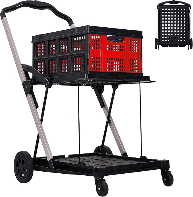 2 Tier Folding Shopping Carts for Groceries, 198 LB Capacity, Collapsible Portable Grocery Cart with Wheels & Removable Crate, Lightweight Foldable Shopping Trolley for Mall Market, Red