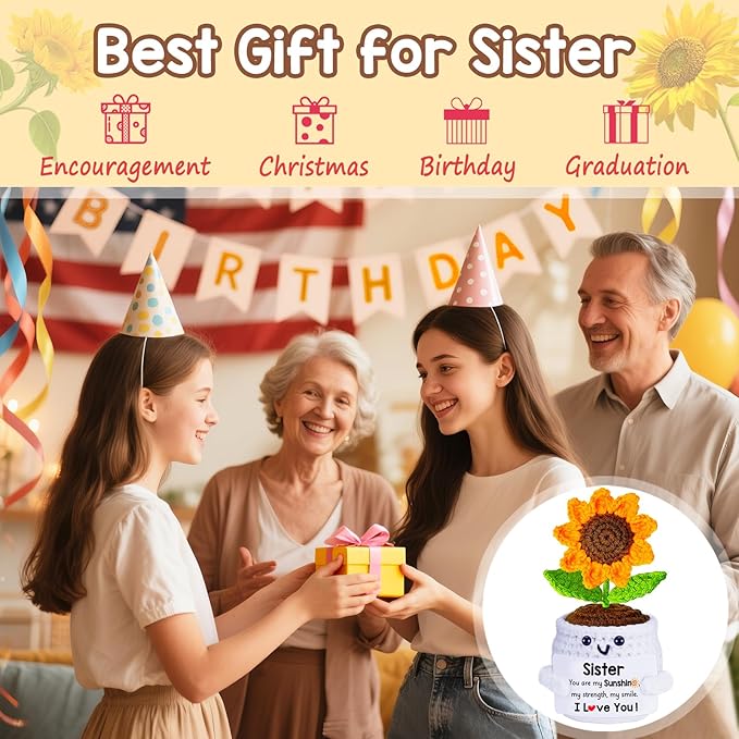 Qunland Gifts for Sister, Galentines Birthday Mothers Day Sister Gifts for Women from Sisters Brother, Handmade Emotional Crochet Cute Sunflower Doll Soul Gift for Sisters in Law BFF Bestie Presents
