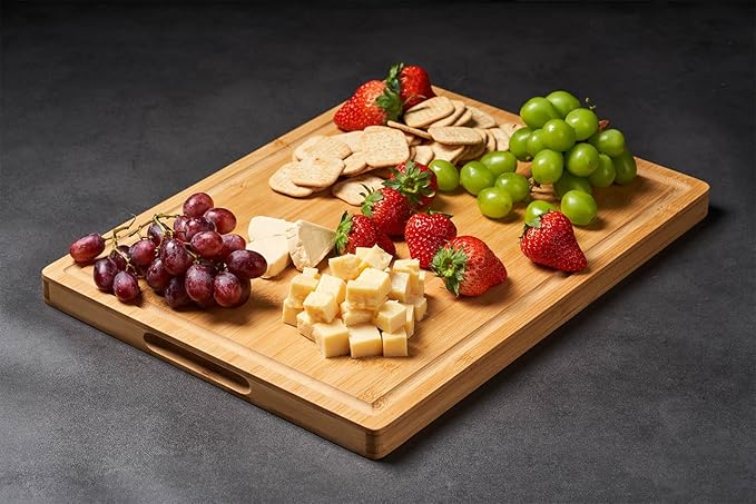 Allsum Large Bamboo Wood Cutting Boards for Kitchen, 1" Extra Thick Butcher Block with Juice Grooves & Handles Resisting to Warping and Cracking, Fancy Charcuterie Boards, 17"L x 12.5"W