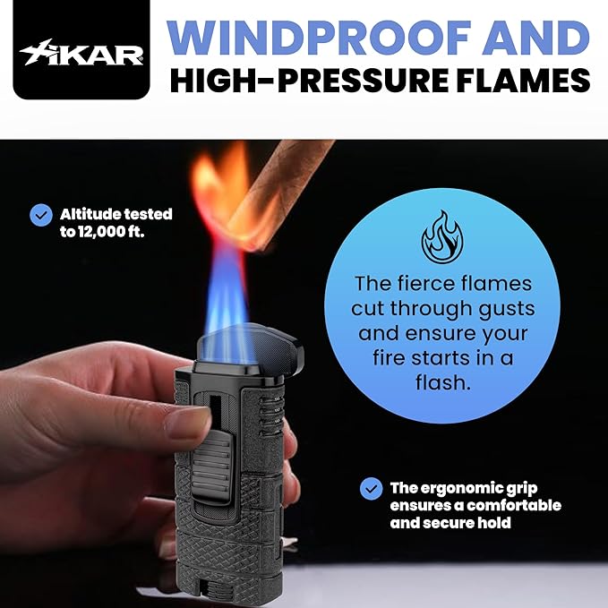 XIKAR Tactical Triple Jet Butane Torch Lighter – Refillable Butane Lighter with EZ-View Fuel Window, Wind Resistant Adjustable Flame, Pocket Clip – Premium Lighter for Outdoor Use – Black