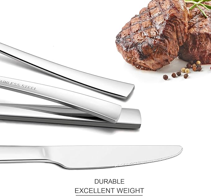 HaWare 24-Piece Silverware Set with Steak Knives, Solid Stainless Steel Modern Elegant Flatware Utensils, Ergonomically Designed, Mirror Polished & Dishwasher Safe