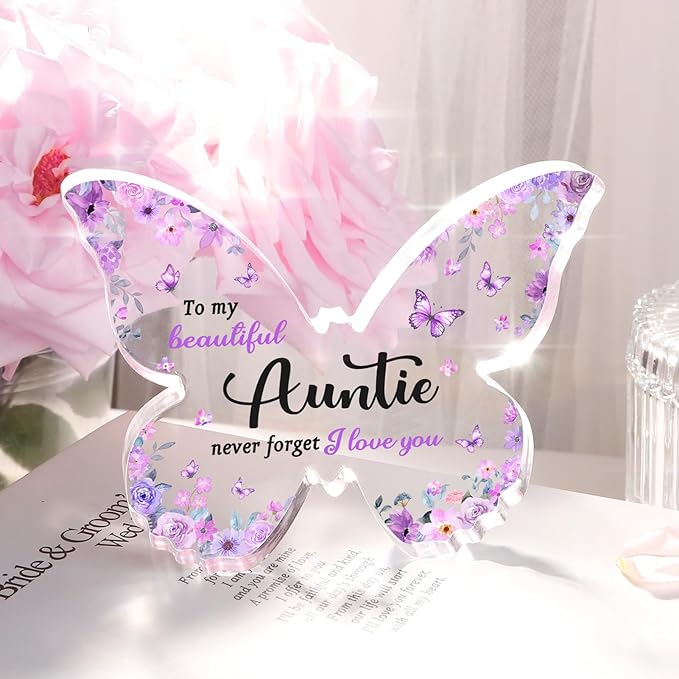 Auntie Gifts for Mothers Day Aunt, Unique Purple Butterfly Acrylic Plaque Desk Decor, Aunt Auntie Mothers Day Christmas Birthday Gifts, 5 x 3.8 x 0.5 inches