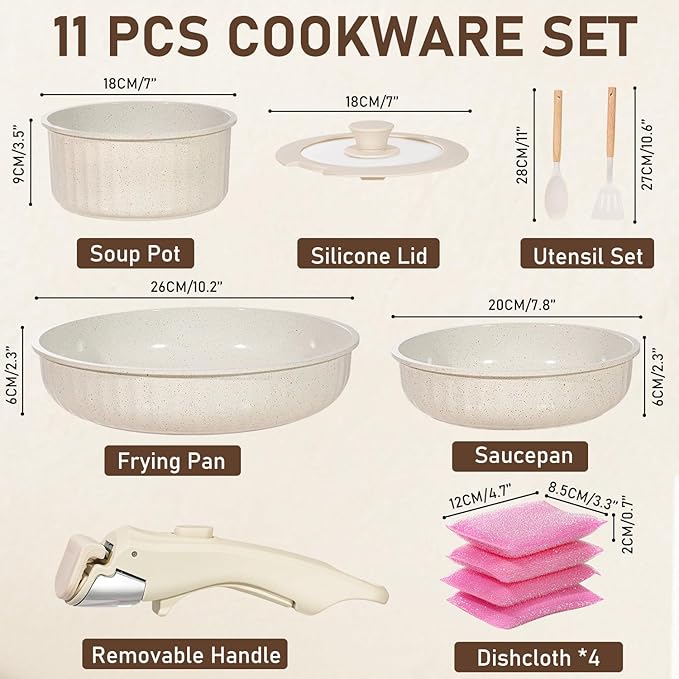 Vivicreate 11 Piece Pots and Pans Set Nonstick with Removable Handle, Induction Cookware, Stackable Kitchen Set for RV Camping Apartment, Frying Pan and Saucepan (White)