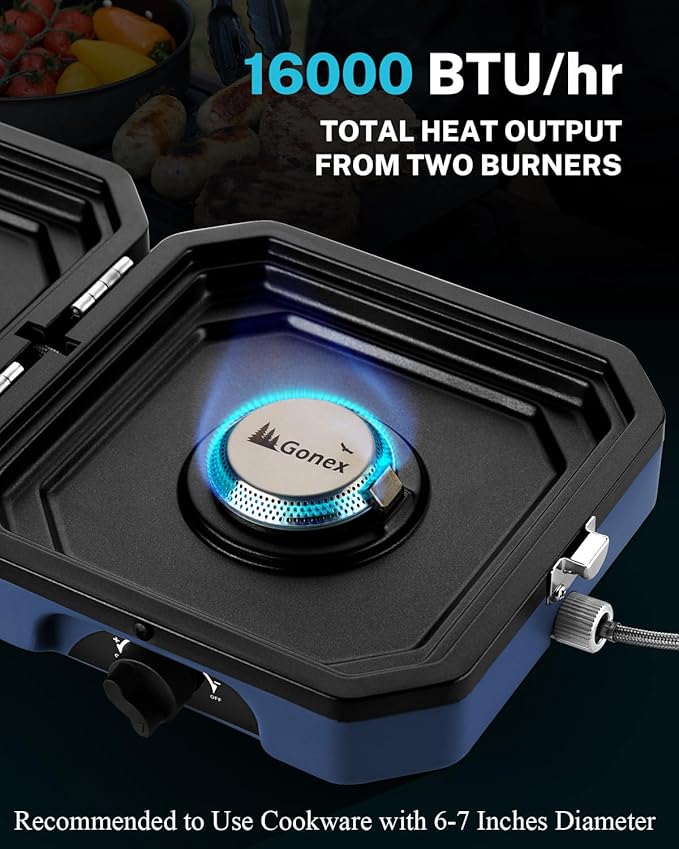 Gonex Camping Stove with 2 Burner Griddle & Grates, Portable Foldable Cooking Stove with Total 16,000 BTU, Two Piezo Ignition Adjustable Burners for Camping (Blue)