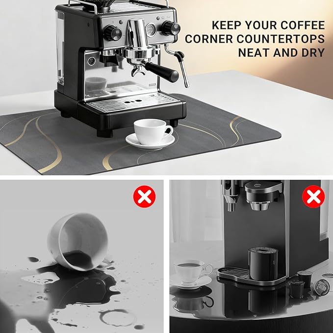 Coffee Mat 19x12 Inch, Irregular Black Streamline Coffee Pot Mat, Absorbent Hide Stain Rubber Backed Dish Drying Mat for Kitchen Counter, Bar Mat for Countertops,Under Coffee Machine Espresso Staion
