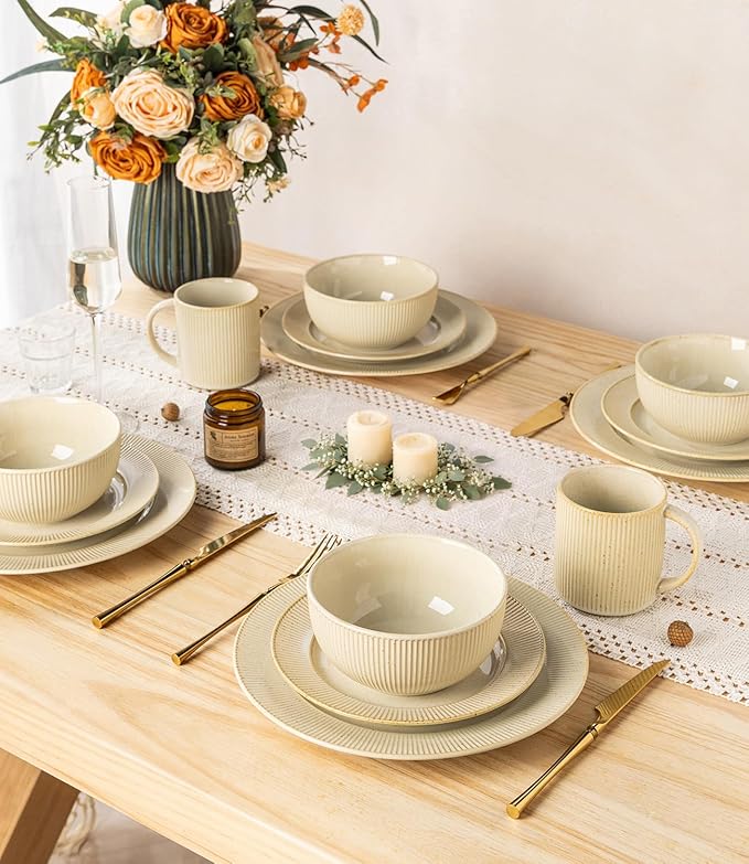 TheTerra Stoneware Dinnerware Sets for 6, 18 Pieces Ceramic Plates and Bowls Sets, Scratch Resistant Embossed Dish Set, Oven, Microwave & Dishwasher Safe, Oatmeal