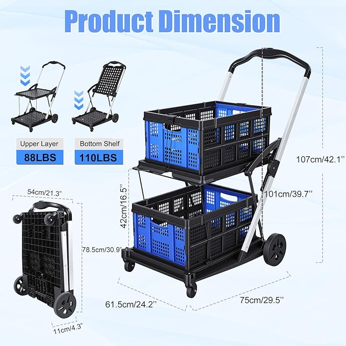 Collapsible Shopping Cart with Wheels, Heavy Duty Grocery Cart with 2 Storage Crates, Two Tier Portable Utility Carts Shopping Trolley for Picnic, Supermarket, Office,Warehouse 2026 Upgraded (Blue)