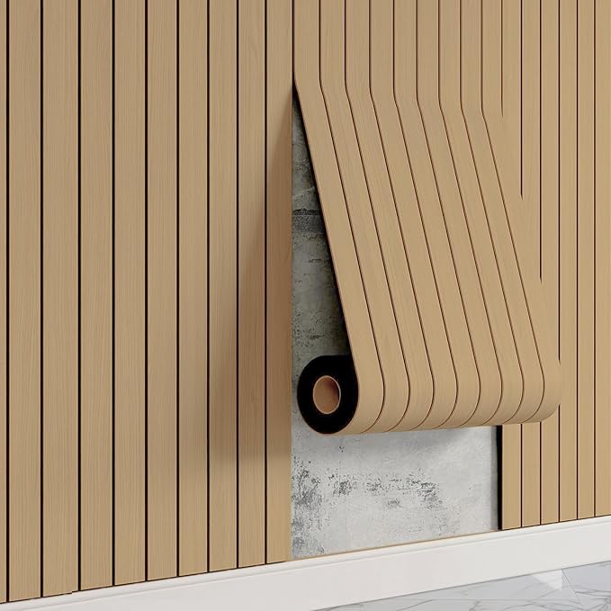 WaveSpace Self-Adhesive PVC Slat Wall Panels, Peel and Stick Wood Panels 118"x15.75", Thick Faux Oak Wood Grain Wallpaper Panels 3D Soundproof Wall & Ceiling Panels Decorativos para Pared