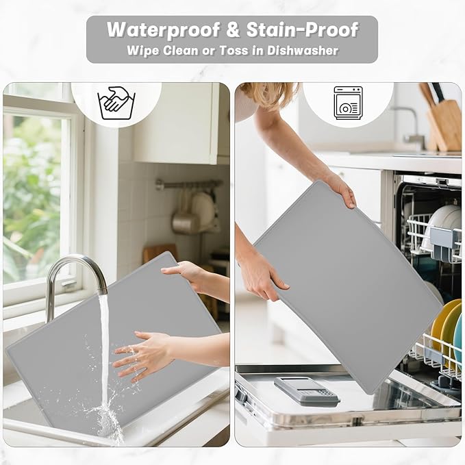 Rnivvi Silicone Coffee Mat, 12" x 19" Waterproof Raised Edge Coffee Bar Mats for Espresso Machine Station Accessories, Heat Resistant Dish Drying Pad for Kitchen Counter, Rubber Bar Decor Pad, Gray