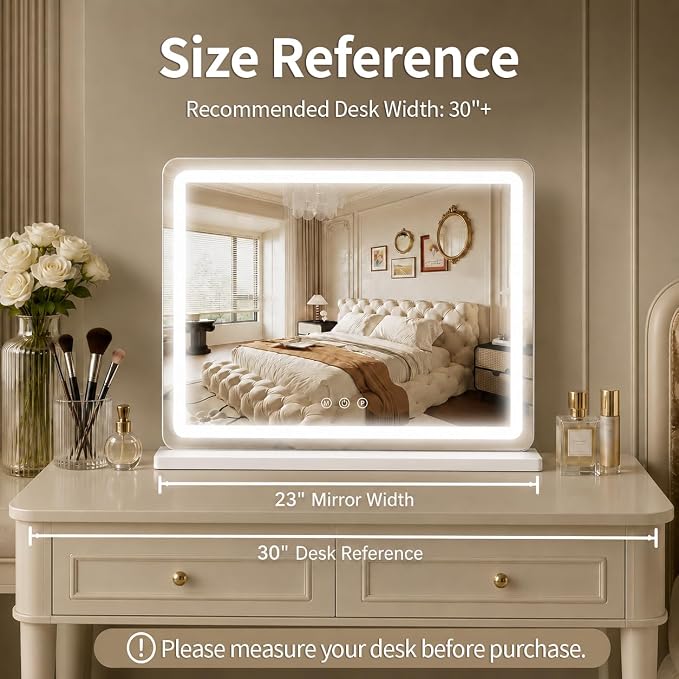 ROLOVE 23"x 18" Large Vanity Mirror with Lights, LED Makeup Mirror for Dresser and Desk, 10X Magnification, Dimmable Touch Control, Wall Mounted or Tabletop Mirror for Bedroom (White)